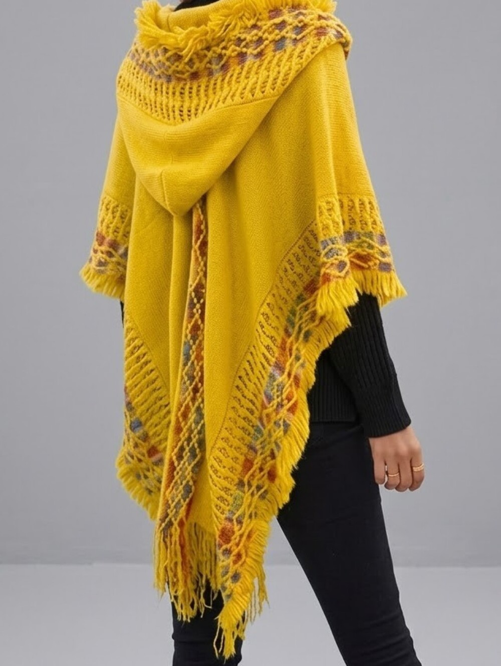 NWT Mustard Yellow Hooded Fringe Knit Poncho Wrap Shawl One Size